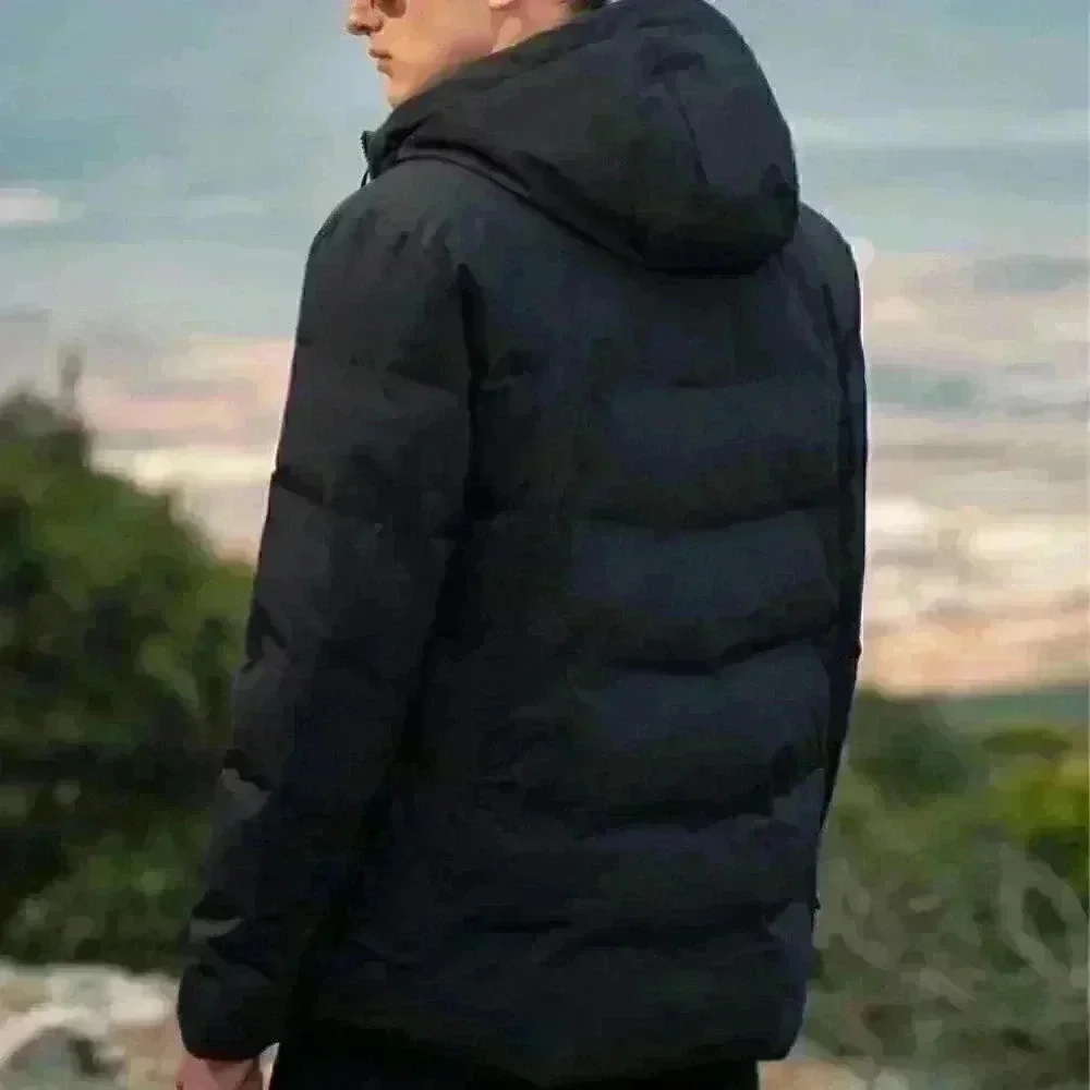 Causal Black Zip-Up Men's Hooded Puffer Coat